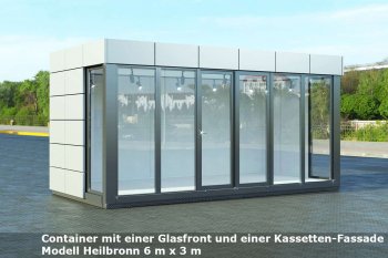 Design-Container 6 m x 3 m, isoliert nach EnEV mit einer Kassetten Fassade aus Stahlblech 