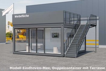 Doppelcontainer, verglast mit einer Terrasse, für Büros oder Outdoor-Messeteilnahmen Modell Eindhoven-Max