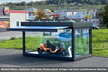 Container 3 m x 6 m mit einer Einscheiben Glasfront und einer ausfahrbaren Sonnenmarkise