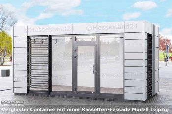 Büro-Event- oder Messecontainer mit einer Kassetten Fassade aus Stahlblech