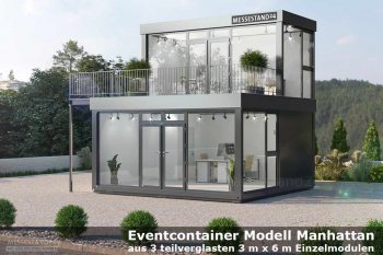 Messecontainer Anlage, bodentief verglast, 3 Meter x 6 Meter Grundfläche pro Modul, für Freigelände und Roadshows
