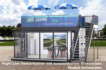 20 Fuss Seecontainer als doppelgeschossiger Messestand