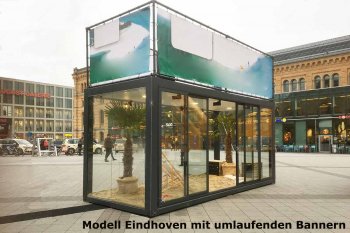 Messe-und Ausstellungscontainer mit Glasscheiben und Banner, Schiebetüren