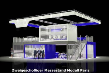 Zweigeschossiger Messestand, mit einer Integration von Glascontainern