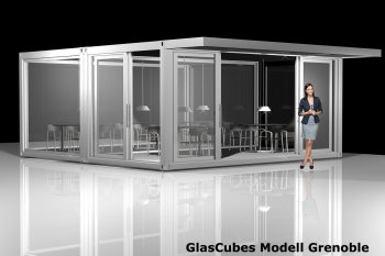 Modell Grenoble Doppelcontainer mit Glaswänden und Schiebetüren, modular erweiterbar