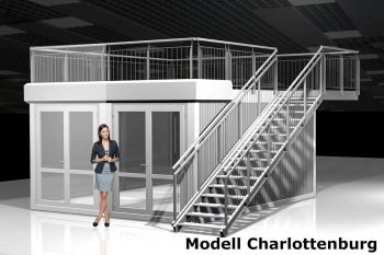 Messe-und Ausstellungscontainer Modell Charlottenburg. Zweigeschossiger Container mit Glasfront und Terasse