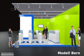 Messestand mit Kabine und großer Leuchtvitrine. Decke in Maxima light
