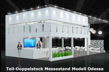 Messestand mit einfacher Architektur, teilweise doppelstöckog, online konfigurierbar