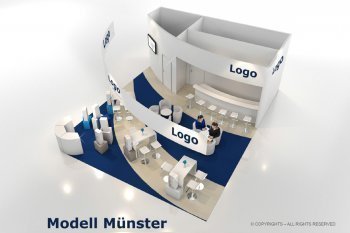 Konventionell gebauter Messestand auf Basis von Kreiselementen, Empfangs- und Bartheke. Die Produktpräsentationen sind an den Arbeitstischen. 