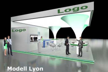 Messestand Lyon, gerundete Kabine und eleganten Stützen in Stoffverkleidung